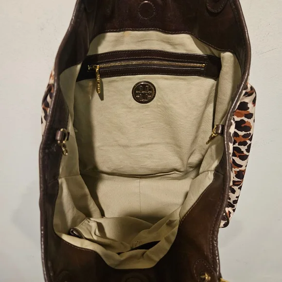 Women's Tory Burch Leopard Print Large Tote Bag Rope Handles Brown Beige - Picture 6 of 12